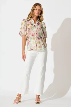 Discount Estelle Shirt in Sage with Blush Watercolour Tops|Casual