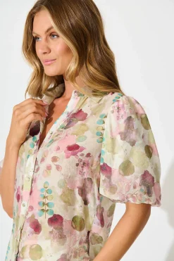 Discount Estelle Shirt in Sage with Blush Watercolour Tops|Casual