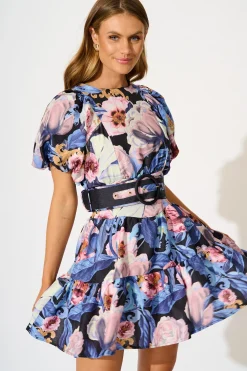 Online Ethereal Dress in Multi Blue Floral Linen Blend Dresses|Party