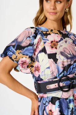 Online Ethereal Dress in Multi Blue Floral Linen Blend Dresses|Party