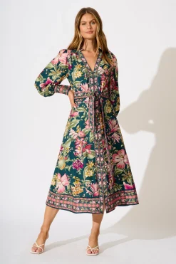 New Evelina Midi Dress in Green with Multi Floral Dresses|Party
