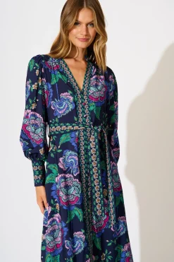 Sale Evelina Midi Dress in Navy with Multi Floral Dresses|Party