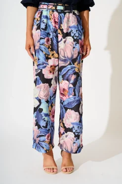 Discount Fantasy Pant in Multi Blue Floral Linen Blend Bottoms|Pants