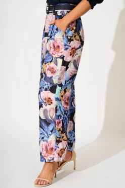 Discount Fantasy Pant in Multi Blue Floral Linen Blend Bottoms|Pants