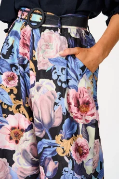 Discount Fantasy Pant in Multi Blue Floral Linen Blend Bottoms|Pants