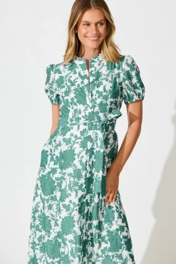 Online Farida Midi Dress in White with Green Floral Cotton Blend Dresses|Casual
