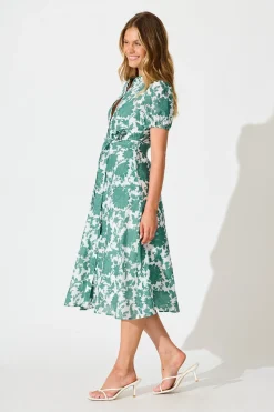 Online Farida Midi Dress in White with Green Floral Cotton Blend Dresses|Casual