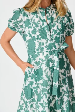Online Farida Midi Dress in White with Green Floral Cotton Blend Dresses|Casual