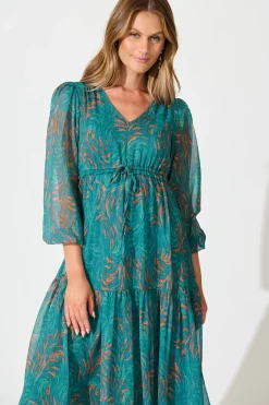 Hot Fatal Attraction Midi Dress in Blue with Multi Print Chiffon Dresses|Party