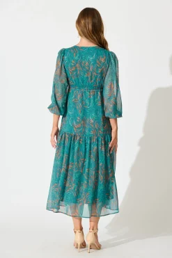 Hot Fatal Attraction Midi Dress in Blue with Multi Print Chiffon Dresses|Party