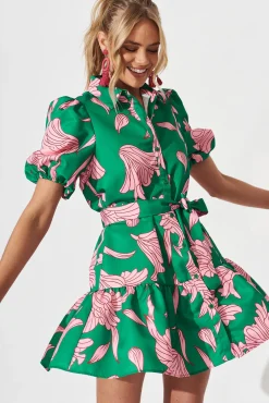 Discount Fione Shirt Dress In Green With Pink Floral Dresses|Party