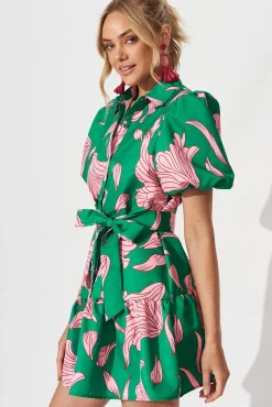 Discount Fione Shirt Dress In Green With Pink Floral Dresses|Party