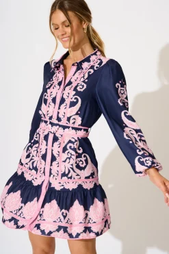 Online Flirtini Shirt Dress in Navy with Pink Placement Print Dresses|Party