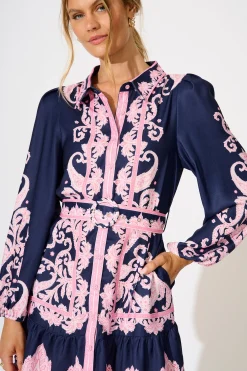 Online Flirtini Shirt Dress in Navy with Pink Placement Print Dresses|Party
