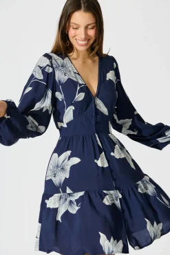 Outlet Flora Drift Dress in Navy with White Floral Print Dresses|Casual