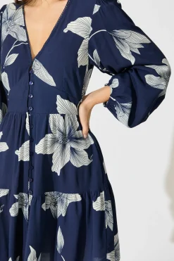 Outlet Flora Drift Dress in Navy with White Floral Print Dresses|Casual