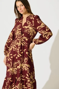 New Flora Script Maxi Dress in Wine with Cream Print Dresses|Party