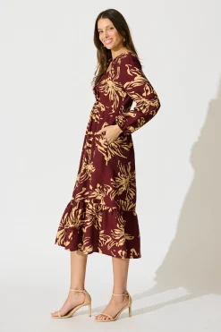 New Flora Script Maxi Dress in Wine with Cream Print Dresses|Party