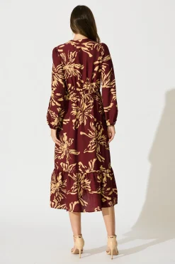 New Flora Script Maxi Dress in Wine with Cream Print Dresses|Party