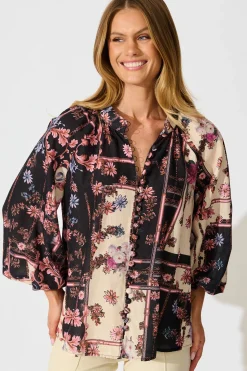 Hot Floral Cascade Top in Black with Blush Patchwork Floral Tops|Party & Occasion