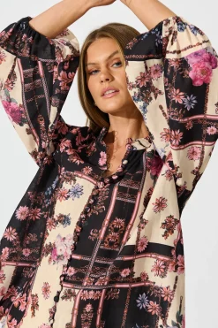 Hot Floral Cascade Top in Black with Blush Patchwork Floral Tops|Party & Occasion