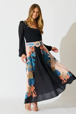 Fashion Floral Muse Maxi Skirt in Black Multi Floral Linen Blend Bottoms|Skirts & Shorts