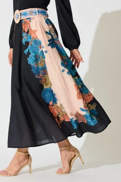 Fashion Floral Muse Maxi Skirt in Black Multi Floral Linen Blend Bottoms|Skirts & Shorts