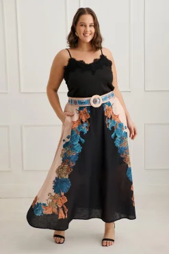 Fashion Floral Muse Maxi Skirt in Black Multi Floral Linen Blend Bottoms|Skirts & Shorts