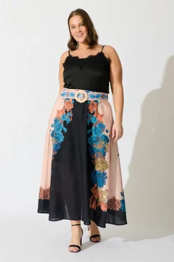 Fashion Floral Muse Maxi Skirt in Black Multi Floral Linen Blend Bottoms|Skirts & Shorts