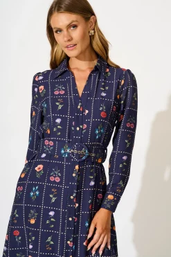 Sale Framed in Florals Midi Shirt Dress in Navy with Multi Floral Dresses|Party