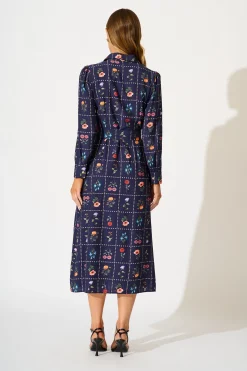 Sale Framed in Florals Midi Shirt Dress in Navy with Multi Floral Dresses|Party