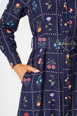 Sale Framed in Florals Midi Shirt Dress in Navy with Multi Floral Dresses|Party