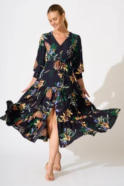 New Francis Midi Dress in Navy with Multi Floral Dresses|Casual