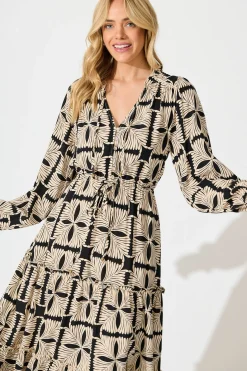 Sale Frankie Midi Dress in Cream with Black Tile Print Dresses|Casual
