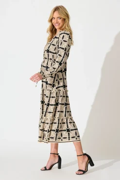 Sale Frankie Midi Dress in Cream with Black Tile Print Dresses|Casual