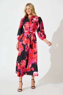 Sale Gabi Maxi Shirt Dress In Black with Berry Watercolour Floral Dresses|Party