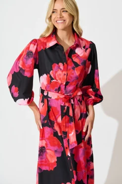 Sale Gabi Maxi Shirt Dress In Black with Berry Watercolour Floral Dresses|Party