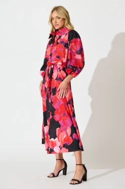 Sale Gabi Maxi Shirt Dress In Black with Berry Watercolour Floral Dresses|Party