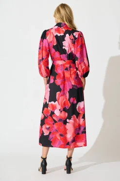 Sale Gabi Maxi Shirt Dress In Black with Berry Watercolour Floral Dresses|Party