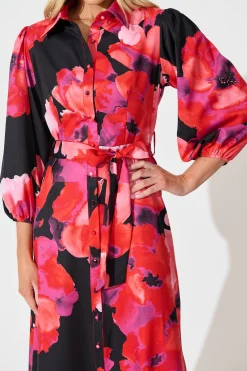 Sale Gabi Maxi Shirt Dress In Black with Berry Watercolour Floral Dresses|Party