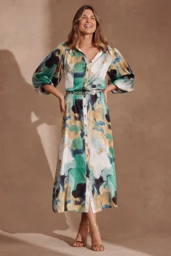 Best Gabi Maxi Shirt Dress In Blue Green Watercolour Dresses|Party