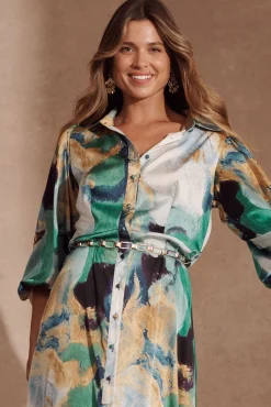 Best Gabi Maxi Shirt Dress In Blue Green Watercolour Dresses|Party