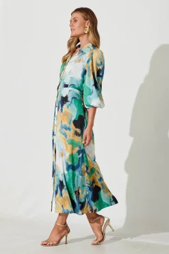 Best Gabi Maxi Shirt Dress In Blue Green Watercolour Dresses|Party