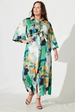 Best Gabi Maxi Shirt Dress In Blue Green Watercolour Dresses|Party