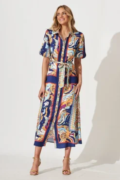 Sale Gabriela Maxi Shirt Dress In Navy Multi Print Satin Dresses|Party
