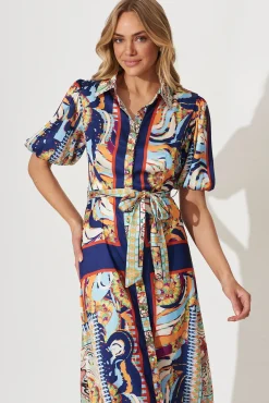 Sale Gabriela Maxi Shirt Dress In Navy Multi Print Satin Dresses|Party