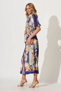 Sale Gabriela Maxi Shirt Dress In Navy Multi Print Satin Dresses|Party