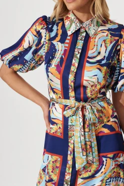 Sale Gabriela Maxi Shirt Dress In Navy Multi Print Satin Dresses|Party