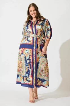 Sale Gabriela Maxi Shirt Dress In Navy Multi Print Satin Dresses|Party