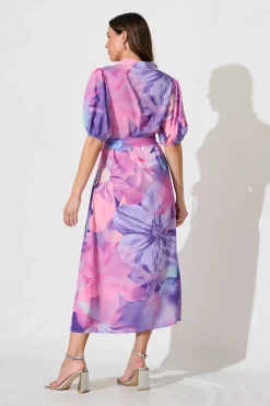 New Gabriela Maxi Shirt Dress In Pink With Purple Floral Dresses|Party
